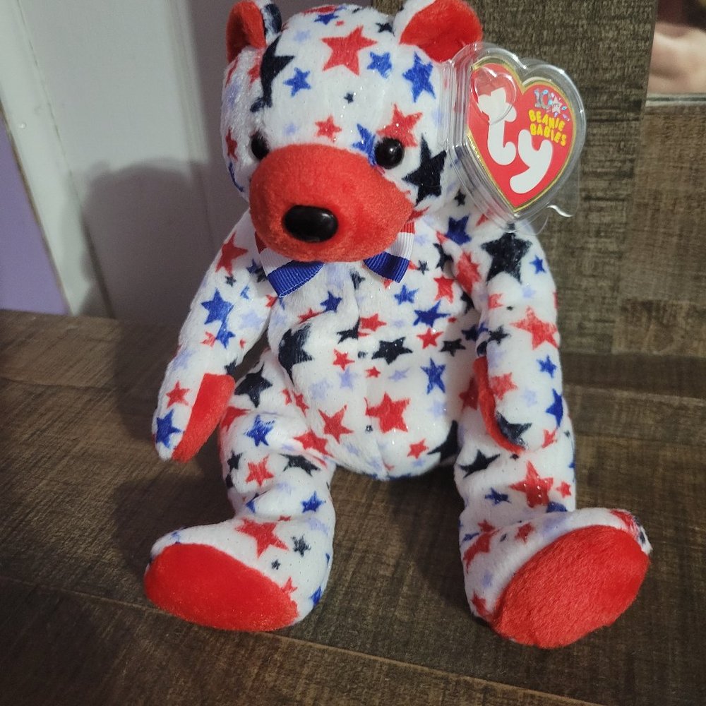 TY Beanie Baby - 10YRS RED, WHITE & BLUE Bear  names RED
